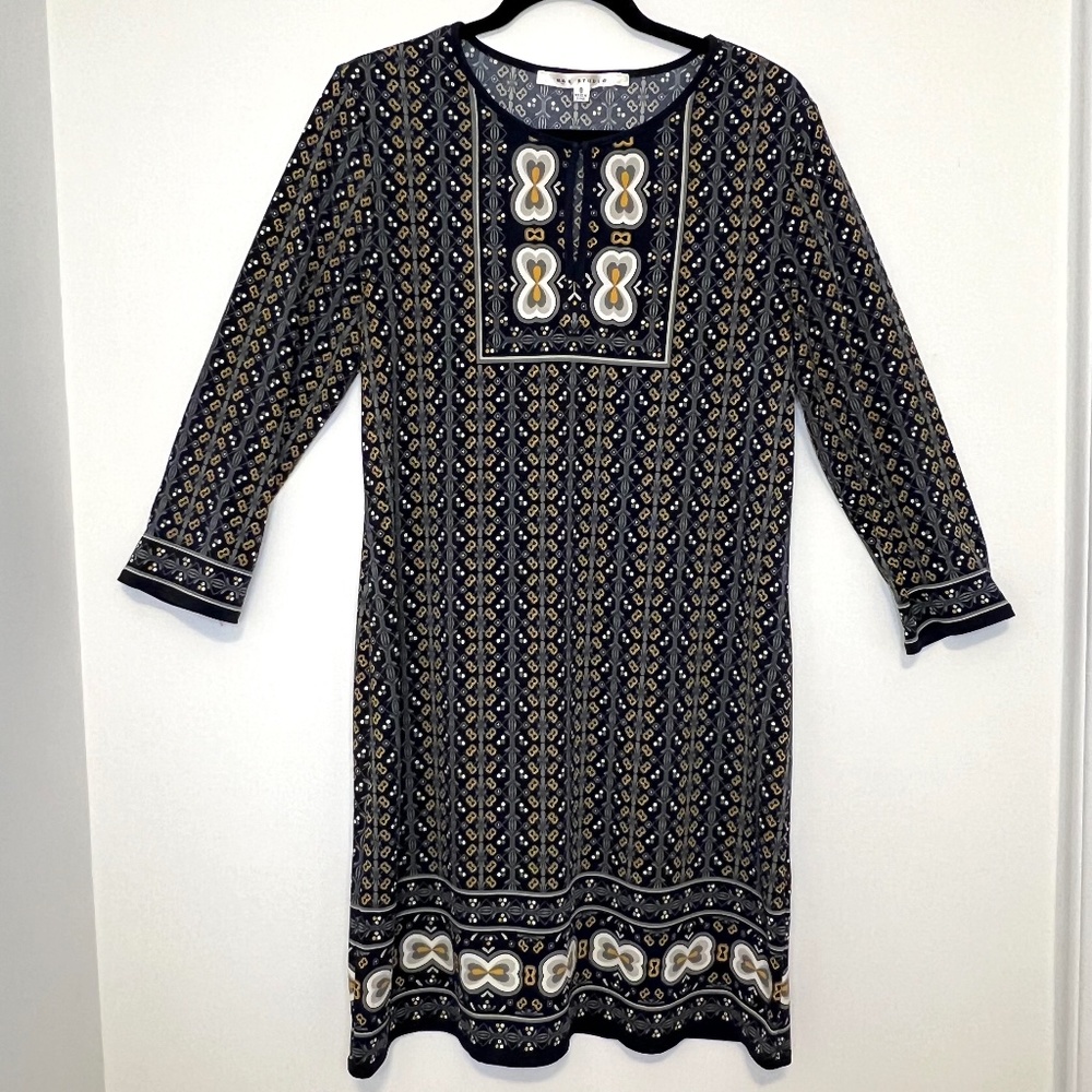 Max Studio Printed Midi Shift Dress Navy Bohemian Paisley 3/4 Length Sleeve